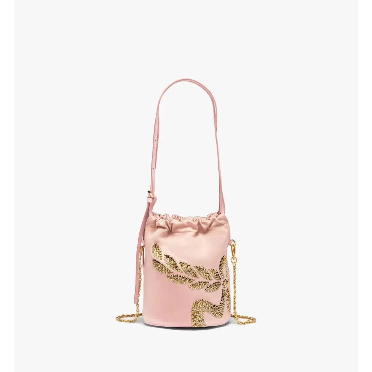 Mcm Himmel Gold Studded Pink Nylon Laurel Drawstring Crossbody Bucket Bag
