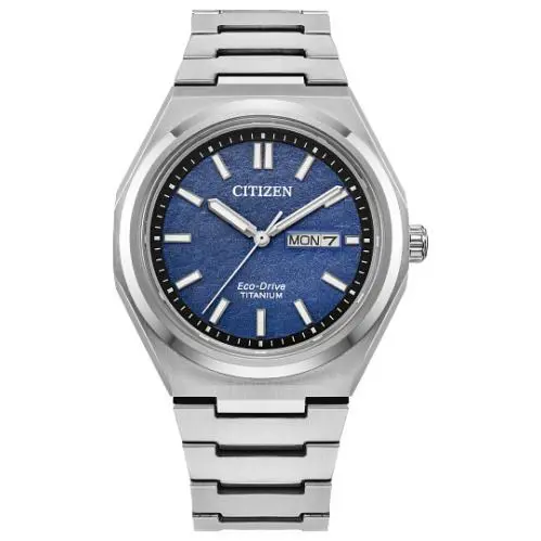 Citizen Zenshin Three-hand Blue Dial Super Titanium Mens Watch AW0130-85L - Dial: Blue, Band: Silver, Bezel: Silver
