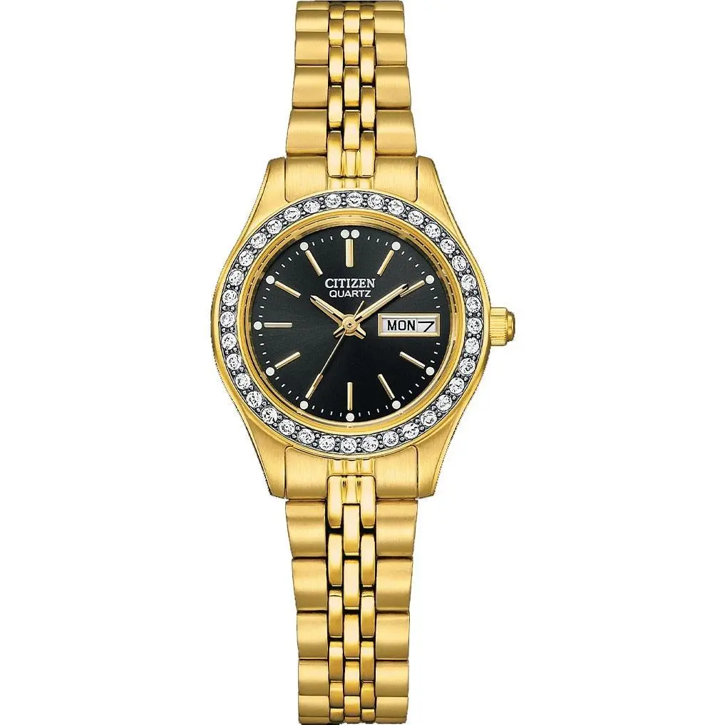 Citizen EQ0532-55E Women`s Gold Tone Crystal Accented Black Dial Day Date Watch