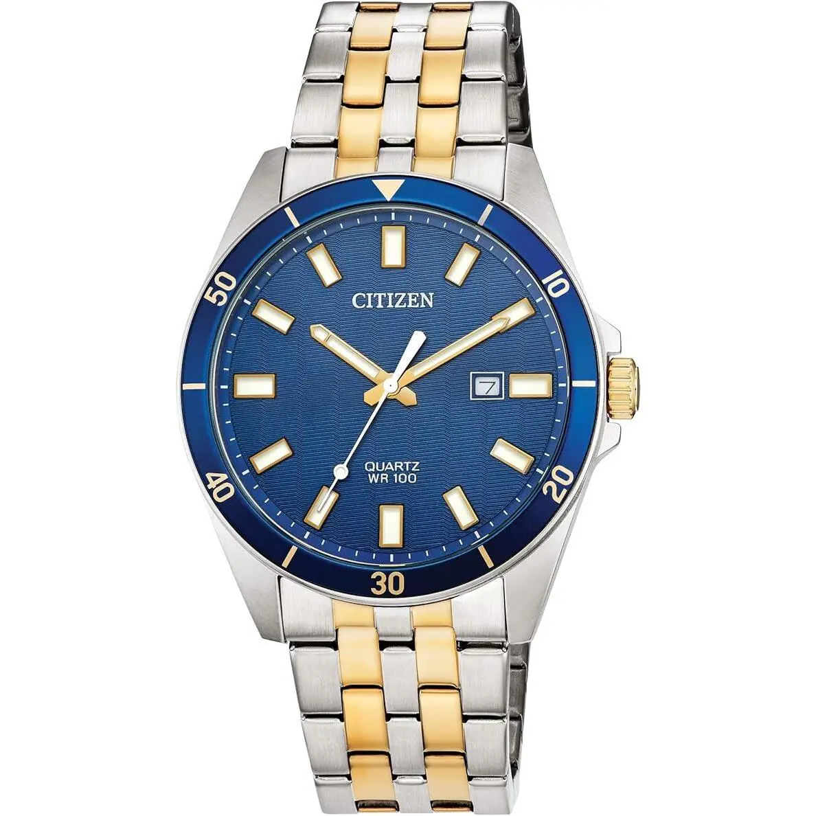 Citizen BI5054-53L Men`s Two Tone Stainless Steel Blue Dial Analog Date Watch - Dial: Blue, Band: Gold, Multicolor, Silver, Bezel: Gold