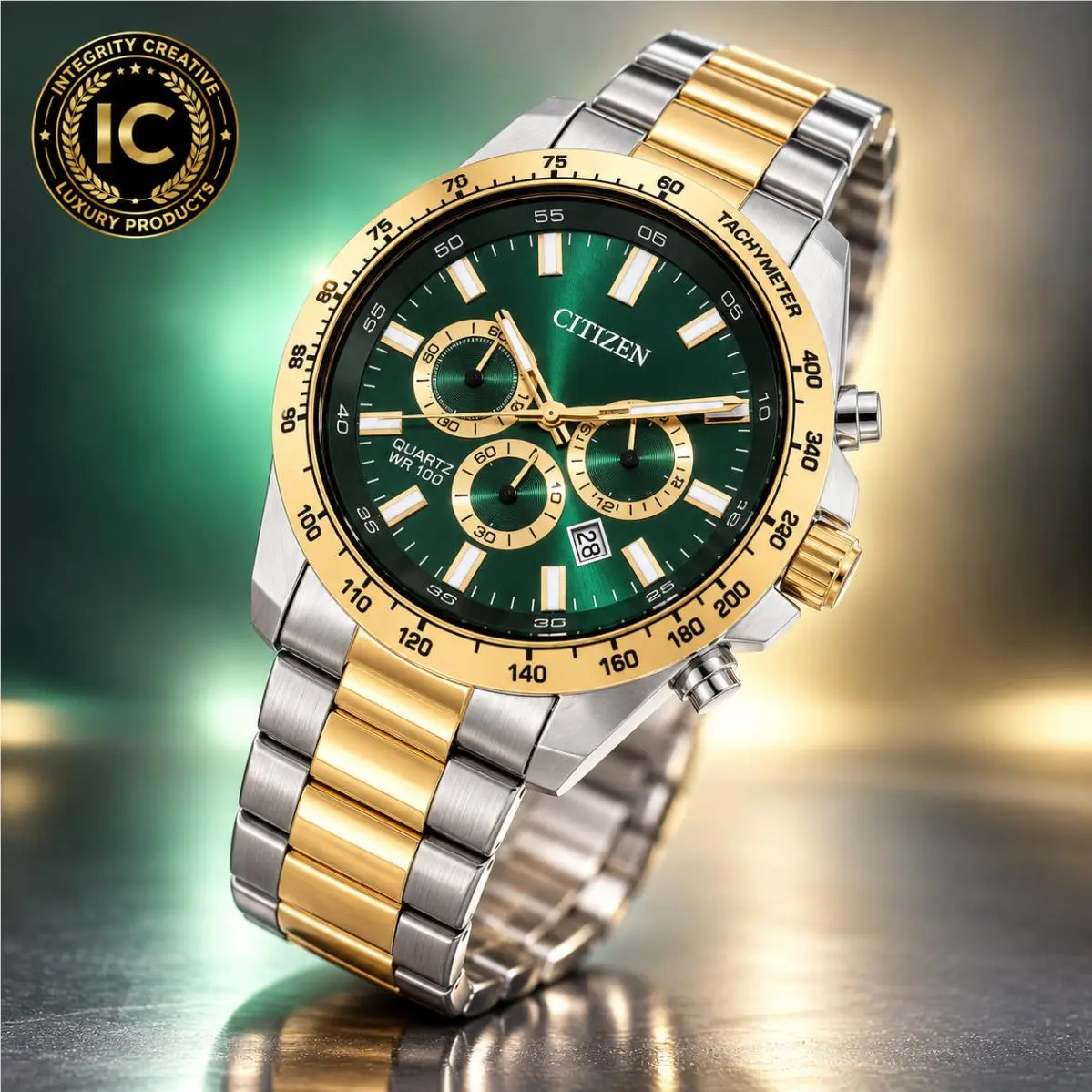 Men`s Citizen 44mm Analog Quartz Watch Green Dial Gold Bezel Silver Bracelet