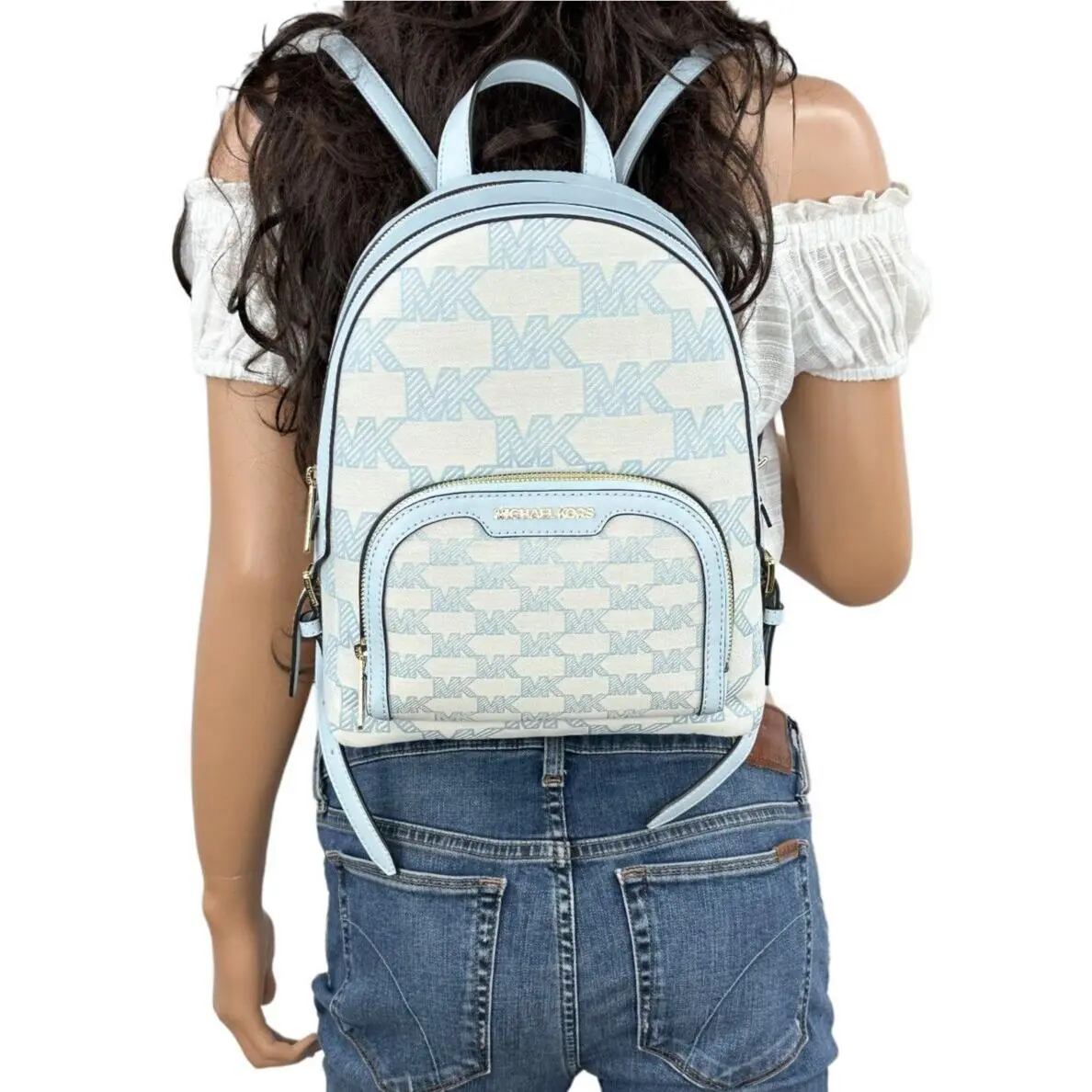Michael Kors Jaycee Medium Zip Pocket Backpack MK Graphic Logo Beige Blue
