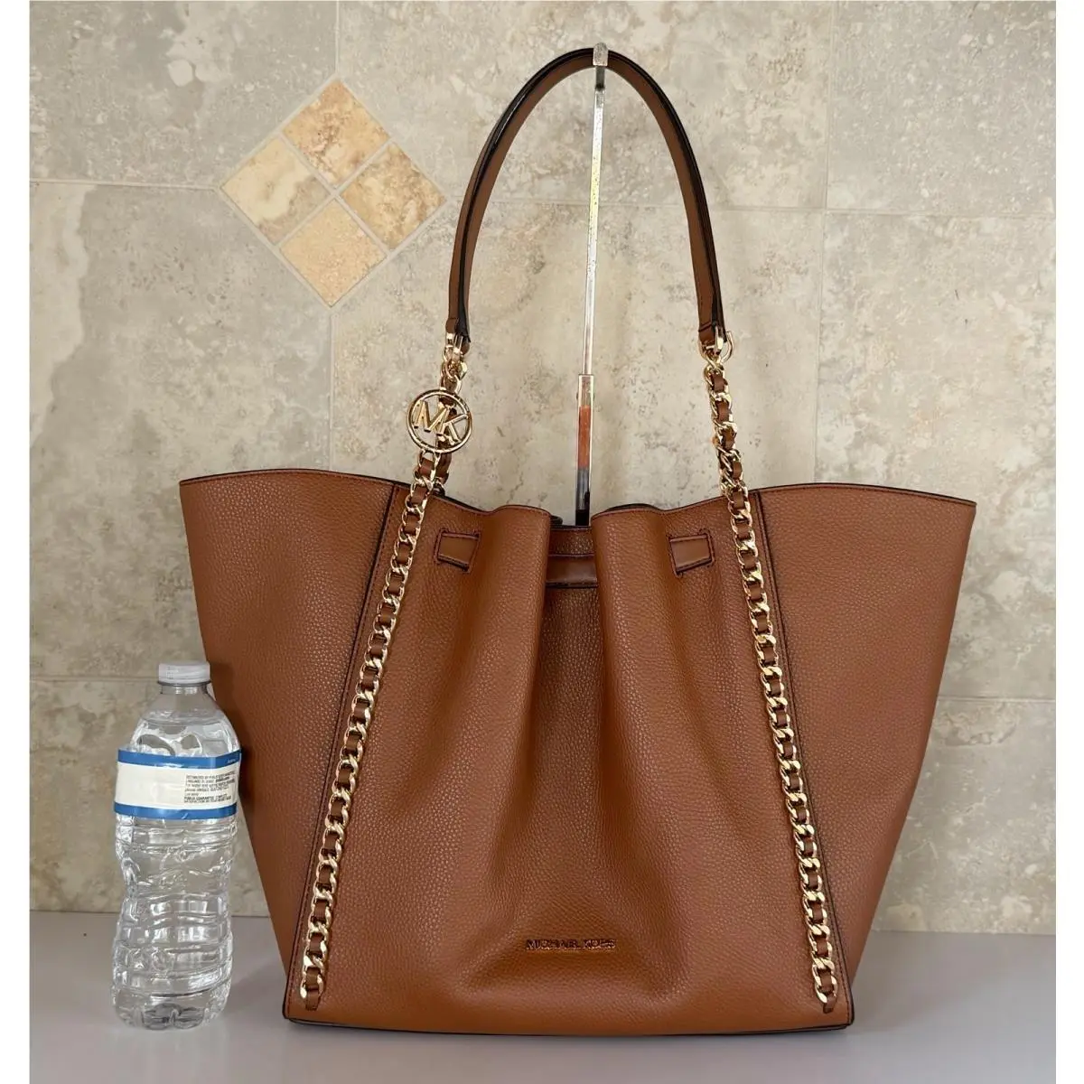 Michael Kors Mina Large Belted MK Chain Shoulder Tote Bag Luggage Brown