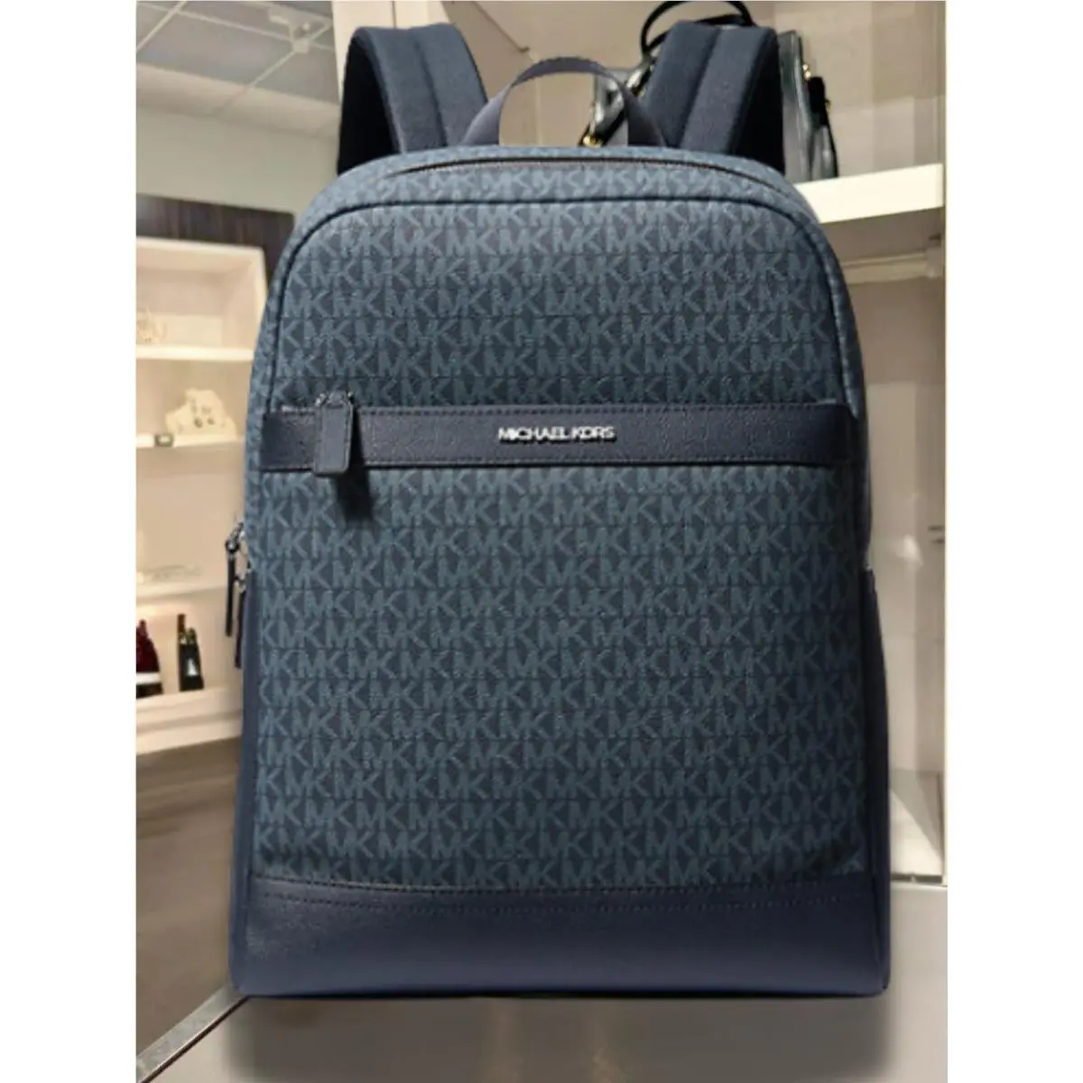 Michael Kors Cooper Men Medium MK Logo Travel Pocket Backpack Bag Admiral Blue