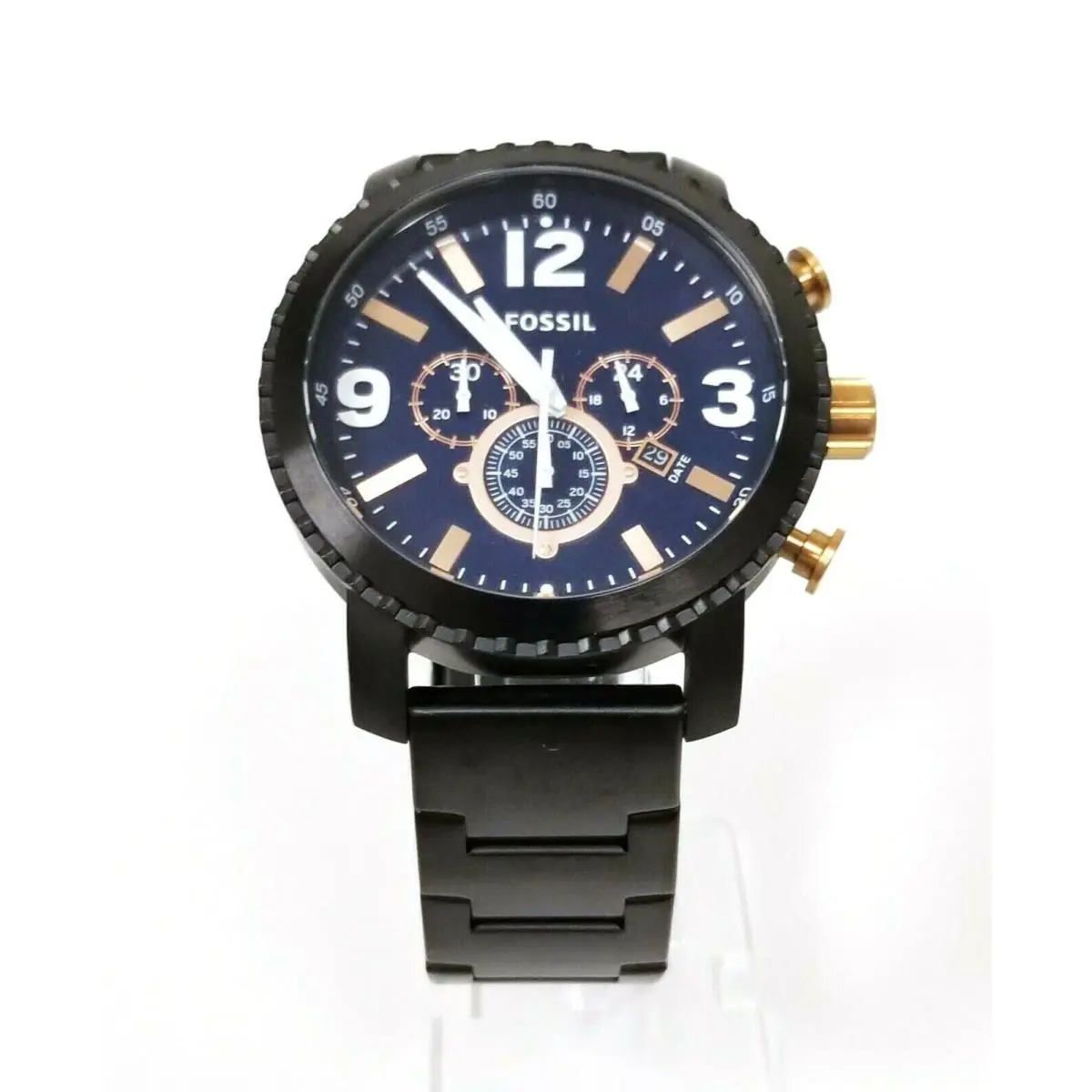 Black S/steel Lrg Chrono Rose Gold Accent Dial Bracelet Watch BQ2011 by Fossil