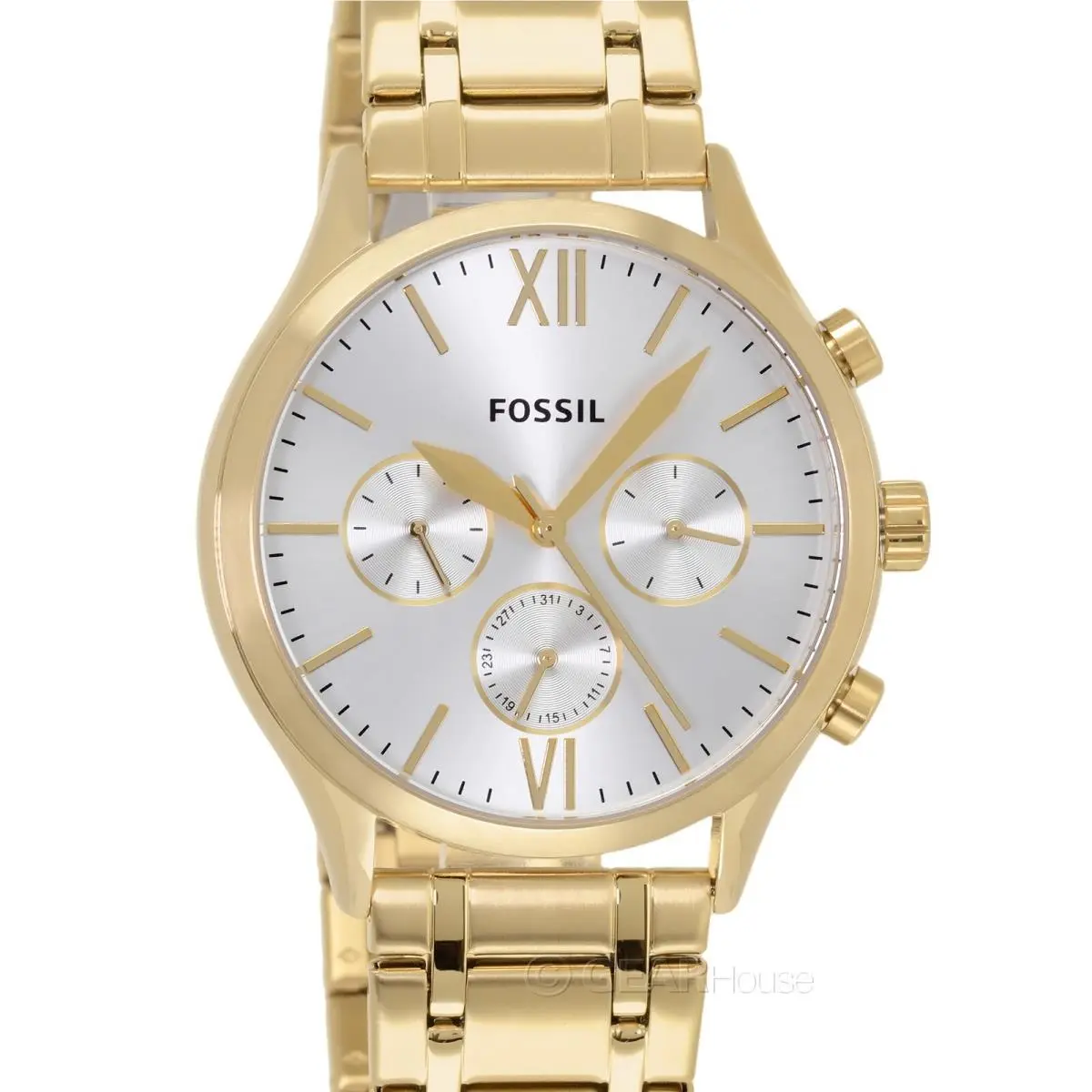 Fossil Fenmore Mens Gold Multifunction Watch Silver Dial Stainless Steel Band