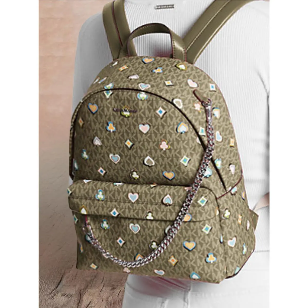 Michael Kors Slater Lady Medium Printed MK Logo Zip Chain Pocket Backpack Olive