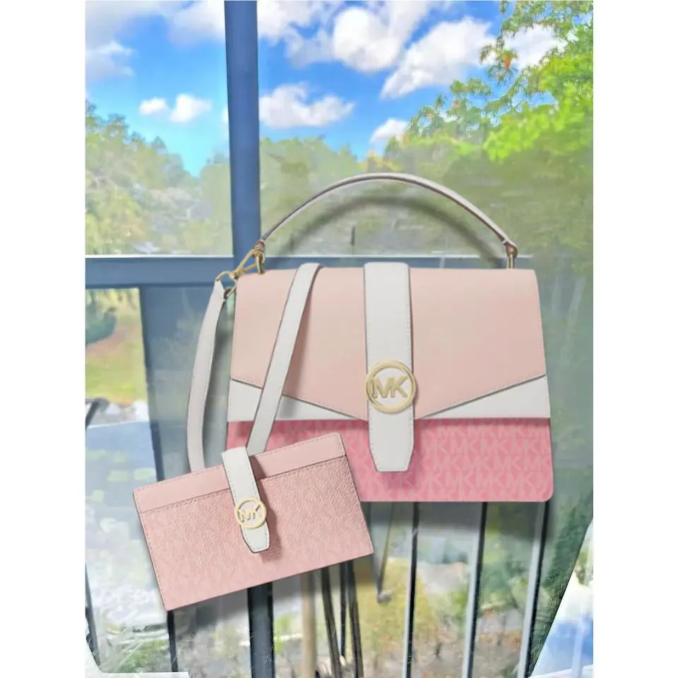 Michael Kors Greenwich Women MD Satchel Bag Bifold CZ Wallet Set Powder Blush