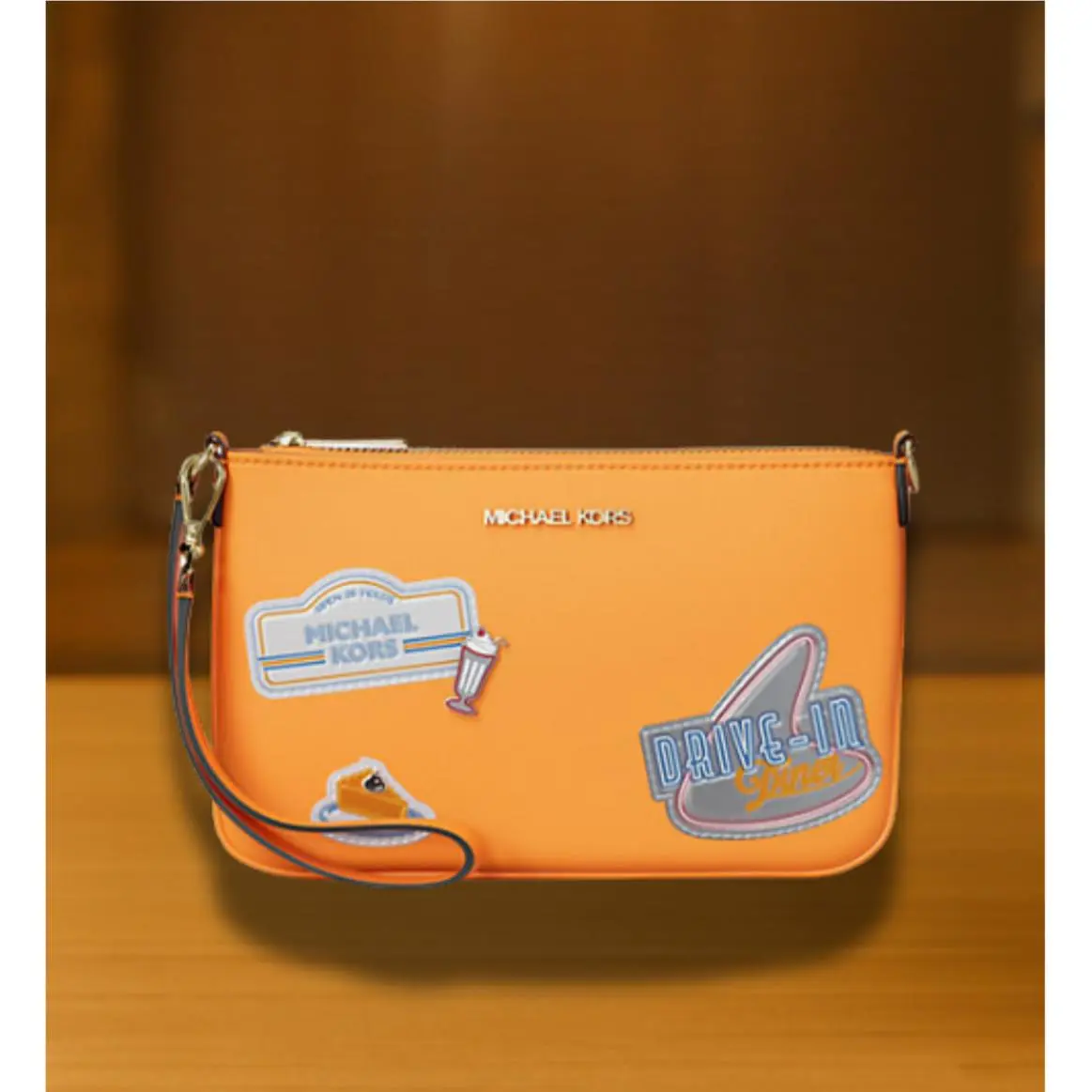 Michael Kors Jet Set Women Embellished Convertible Pouch Wristlet Bag Pop Orange