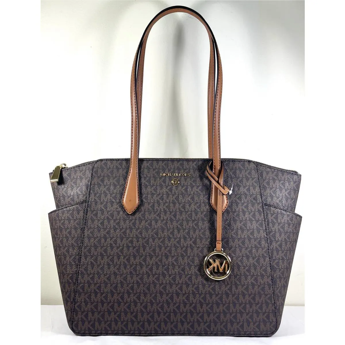 Michael Kors Marilyn Medium Top Zip Brown MK Signature Shoulder Tote