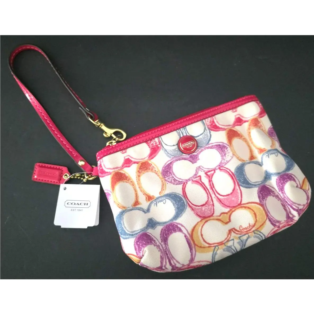 Coach F48793 Colorful Signature with Pink Patent Leather Trim Pouch Wristlet
