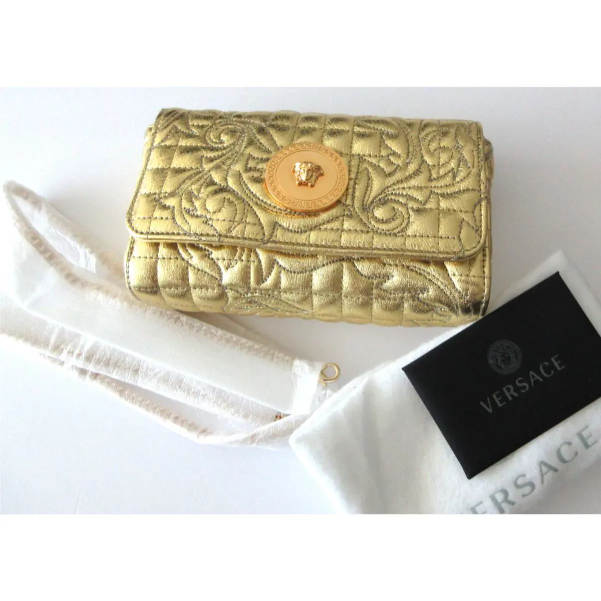 Versace Gold Quilted Barocco Flap Bag with Removable Versace Gold Chain DBFH601S