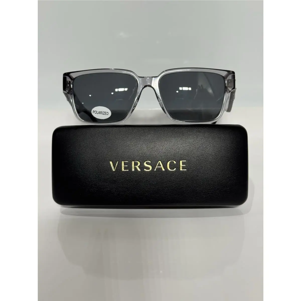 Versace Transparent Grey Square Acetate Custom Polarized Grey Sunglasses