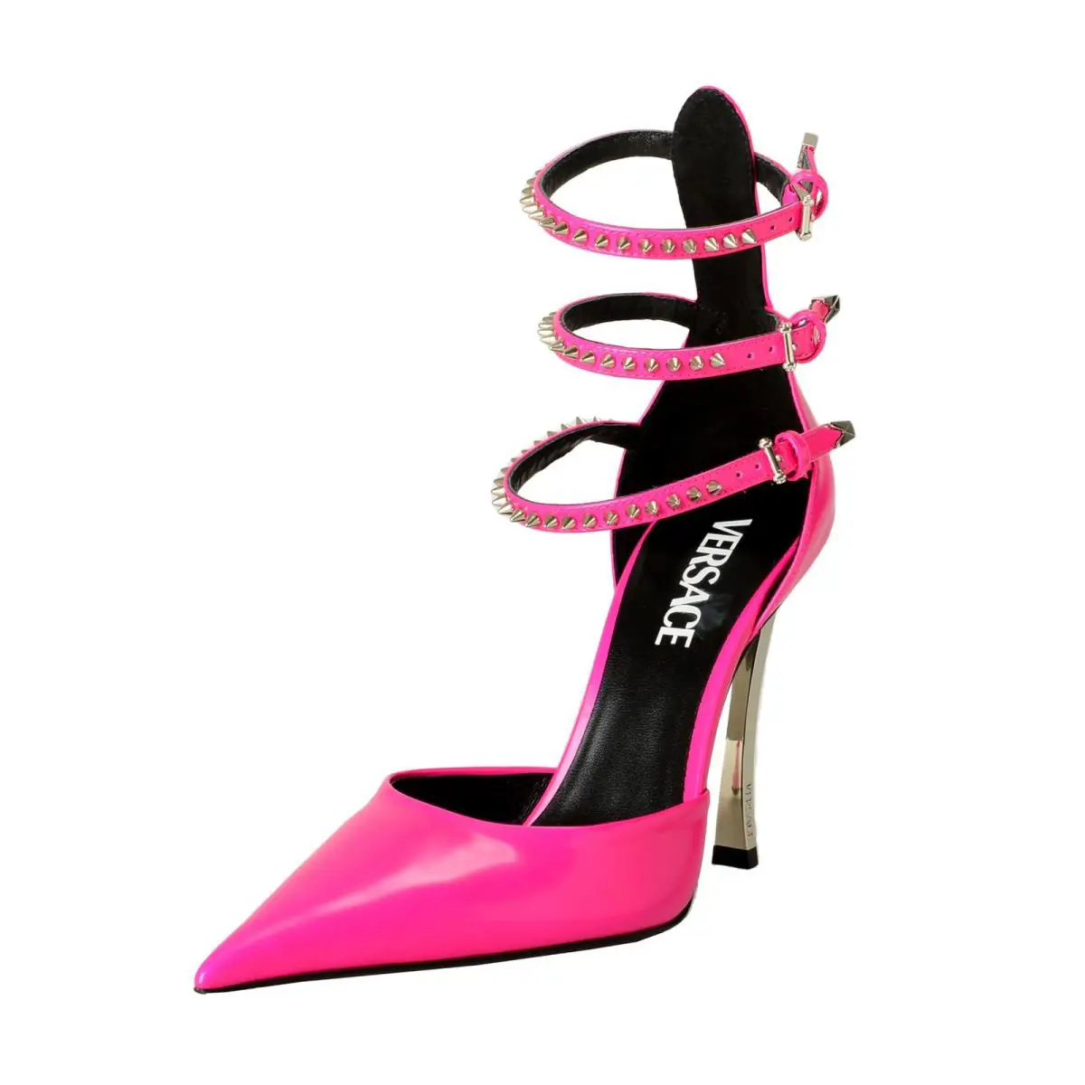 Versace Women`s Pink Leather High Heel Ankle Strap Pumps Shoes US 7.5 IT 37.5 - Glossy Pink