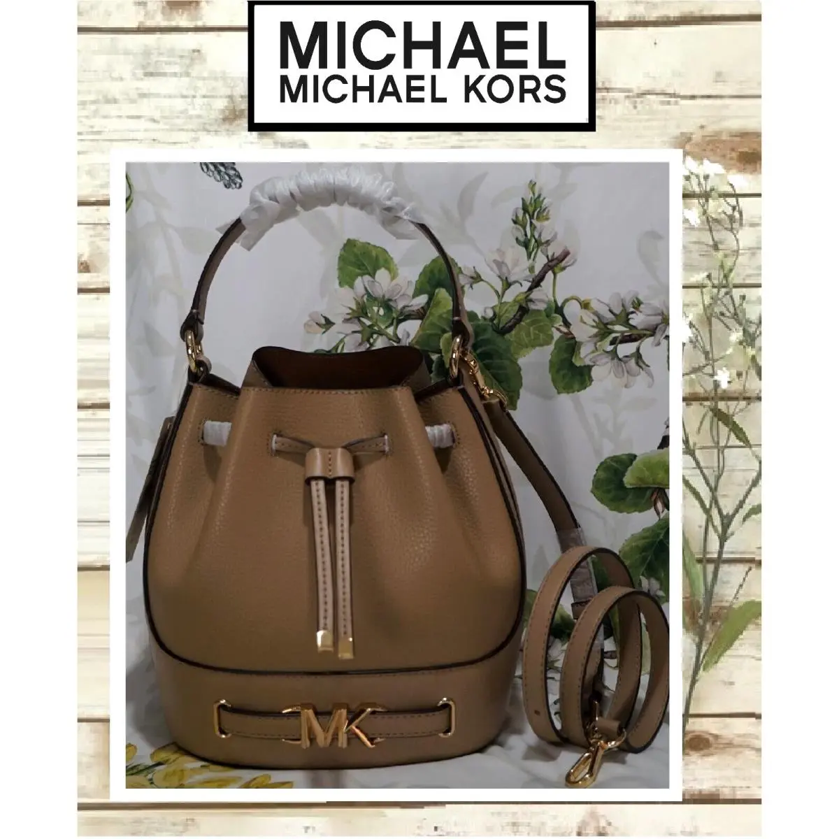 Michael Kors Reed Medium Belt Bucket Crossbody Handbag In Camel Leather Gold