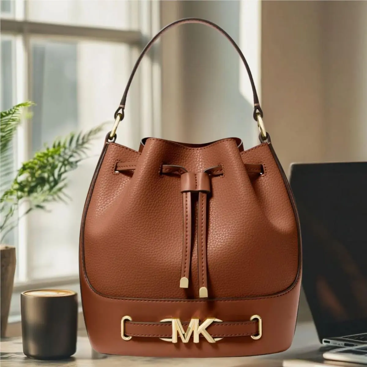 Michael Kors Reed Women Medium Pebbled Leather Crossbody Bucket Bag Luggage