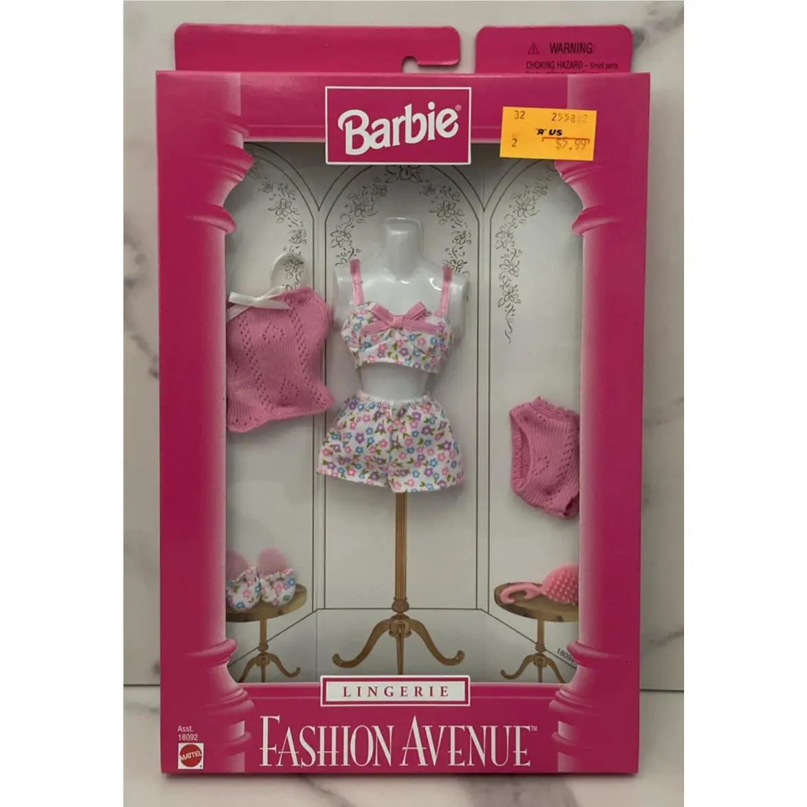 1997 Barbie Fashion Avenue Lingerie Pink Floral Pajamas Slippers 18092 18094