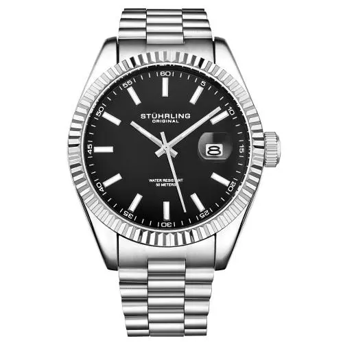 Stuhrling 3935 3 Symphony Quartz Date Black Dial Stainless Steel Mens Watch