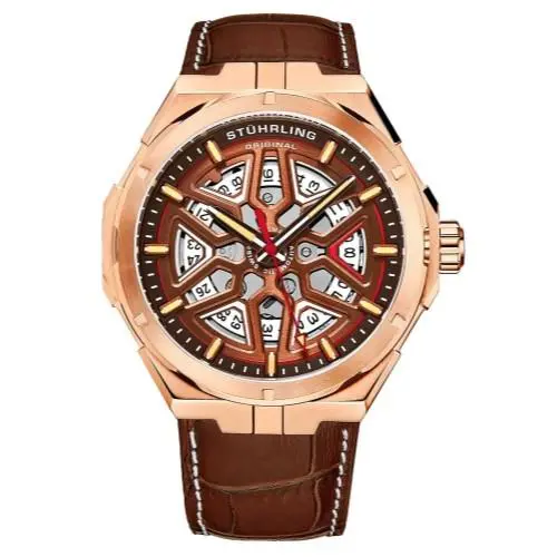 Stuhrling 379 05 Automatic Skeleton Brown Leather Mens Watch