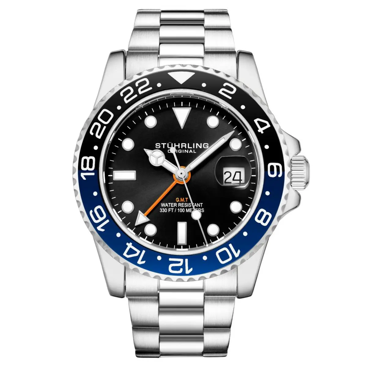 Stuhrling Aqua-diver 3965 Quartz Men`s Silver Bracelet Black Dial Watch