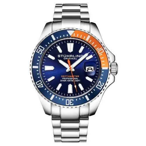 Stuhrling 3950A 12 Aquadiver Date Stainless Steel Blue Dial Black Mens Watch
