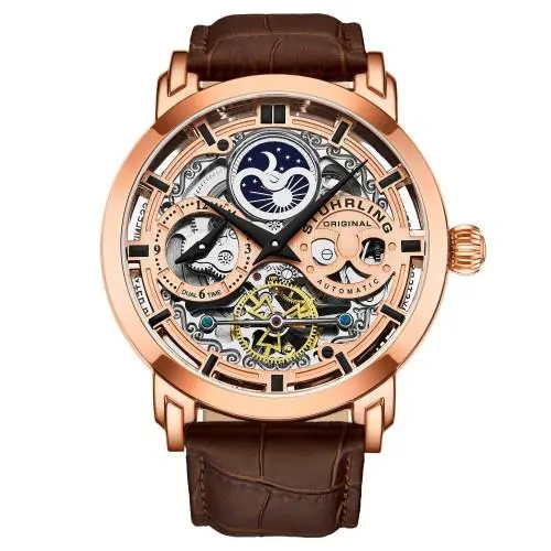 Stuhrling 3924 3 Anatol Automatic Skeleton Dual Time Am/pm Leather Mens Watch - Dial: Rose Gold, Band: Brown
