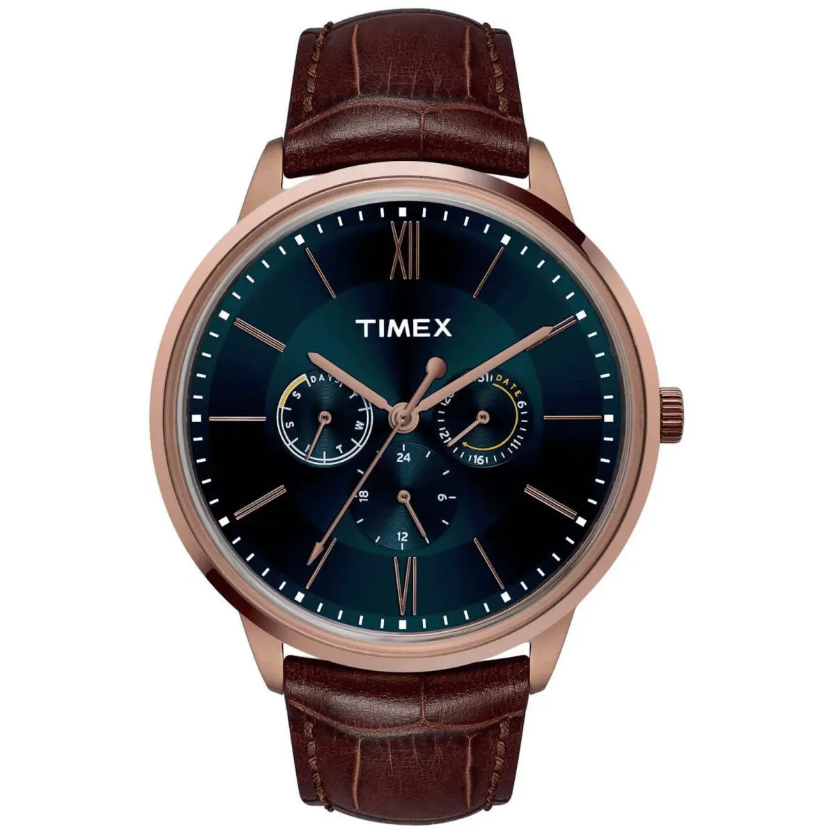 TW2T24100 Men`s Analog Round Watch Brown Leather Strap by Timex