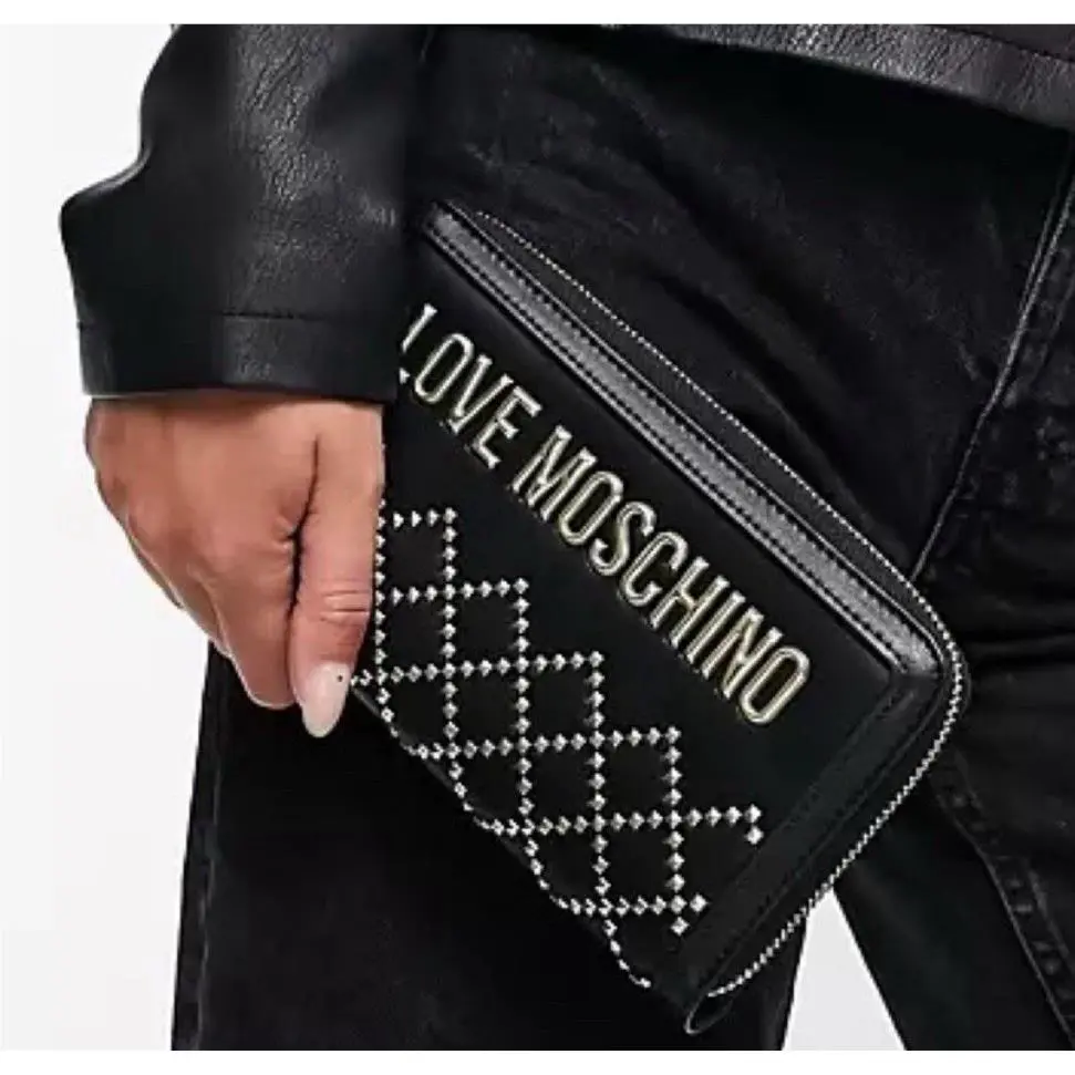 Love Moschino Embellished Black/gold Studded Zip Around Wallet