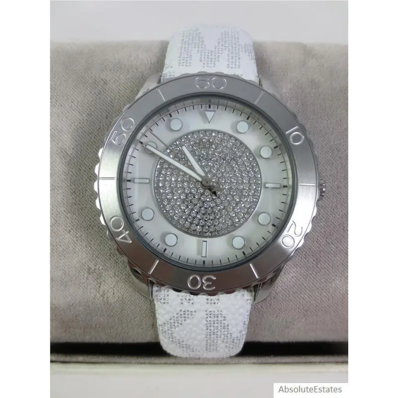Michael Kors Runway Silver White Pvc Crystal Glitz Watch MK6998