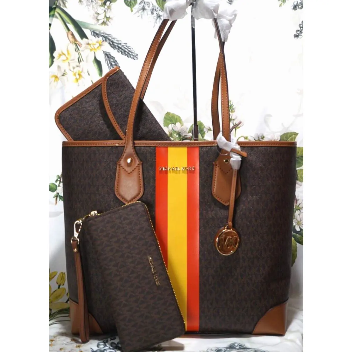 Michael Kors Eva Large Center Stripe Tote + Pouch + Wristlet In Poppy Multi