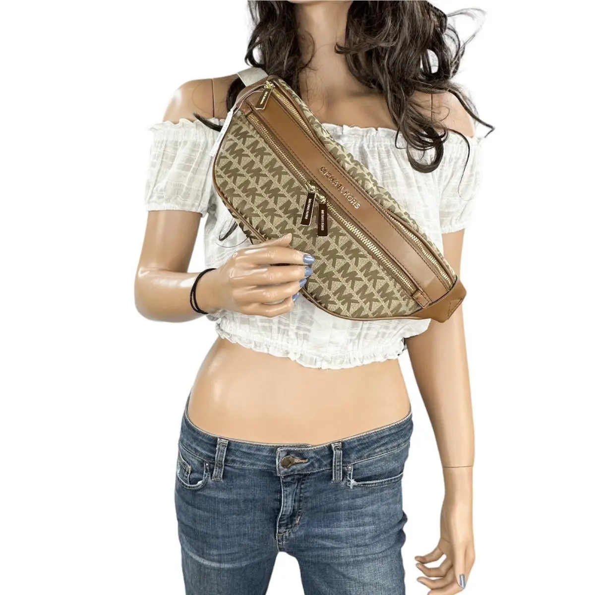 Michael Kor Erin XS Waistpack Crossbody Fanny Packs Bag MK Beige Black by Michael Kors