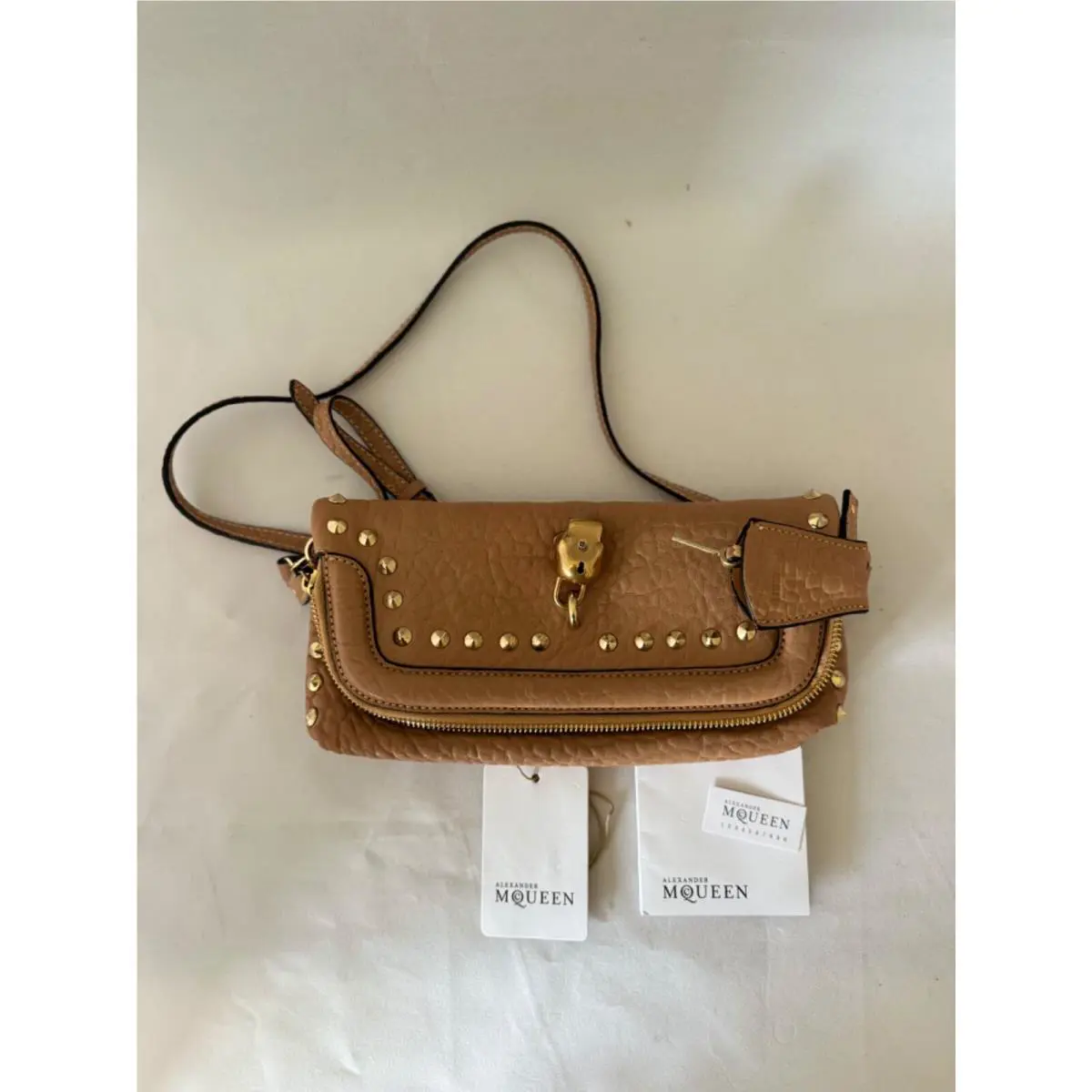 Alexander Mcqueen Tan/nude Leather Studded Skarcadena Clutch Bag Second Bag