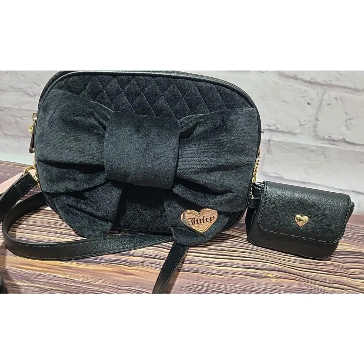 Juicy Couture Bow Camera Bag Purse Coin Purse Quilted Velour Licorice Color