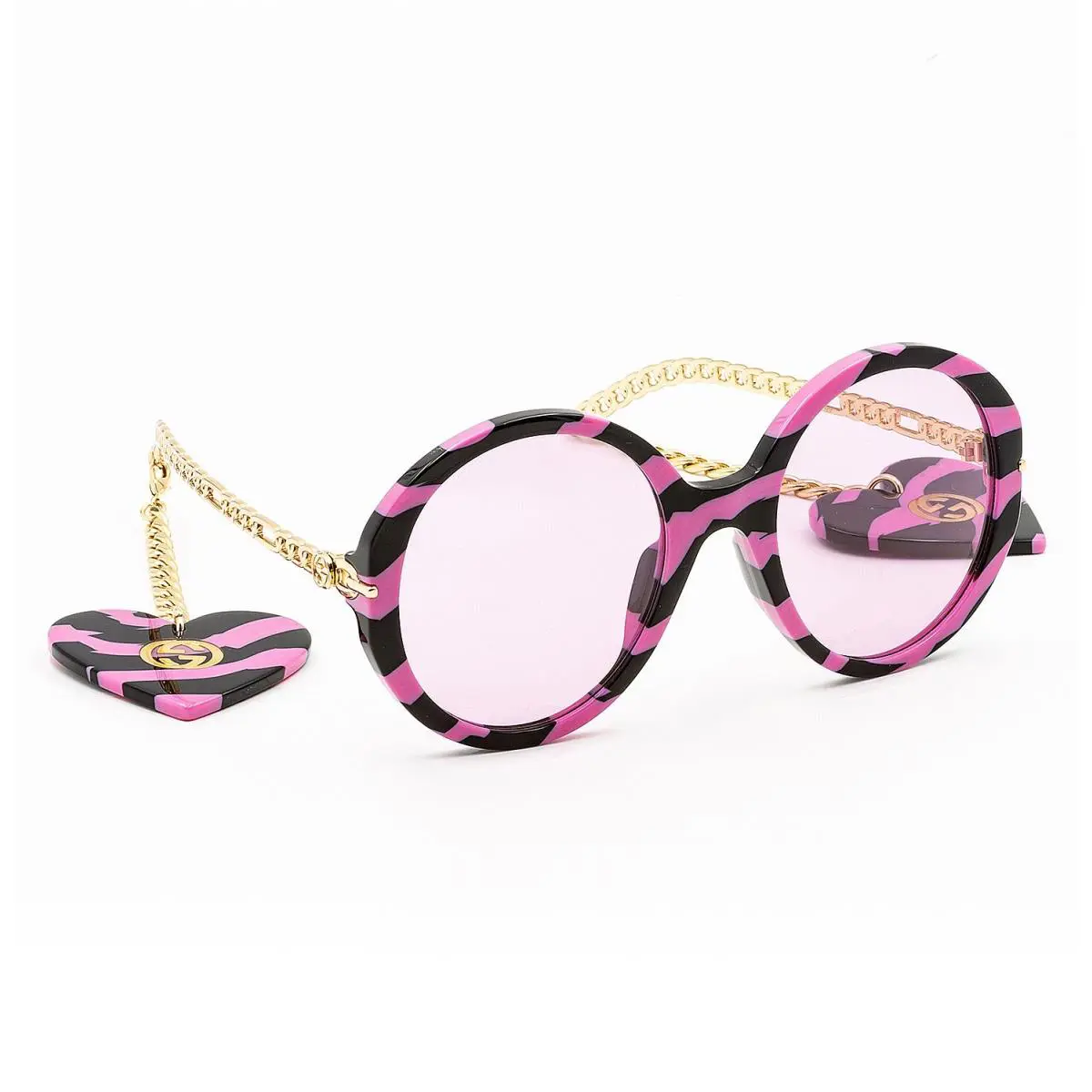 Gucci GG0726S Chain 0726 Gold Black Pink Zebra Heart Charm Round Sunglasses 007
