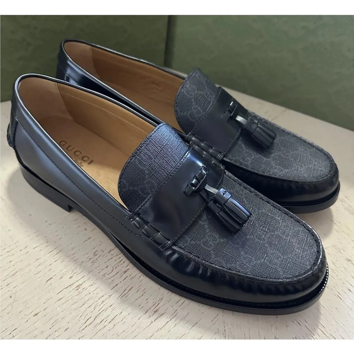 Gucci Mens GG Logo Leather Loafers Shoes Black 13.5 US 13 Gucci IT 673817