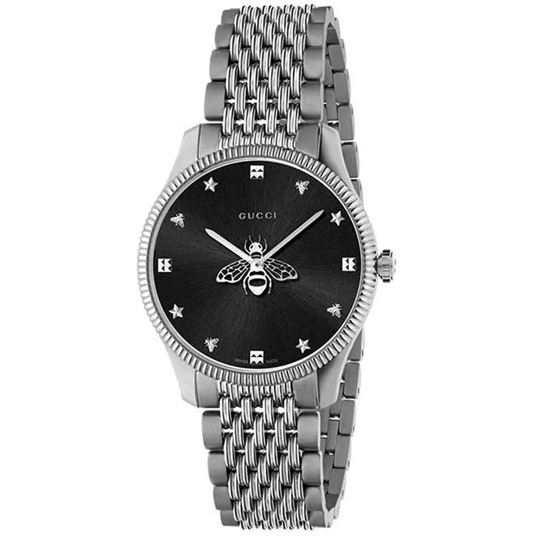 Gucci G-timeless Slim Stainless Steel Bracelet 36mm Women`s Watch YA1264154 - Dial: Black, Band: Silver