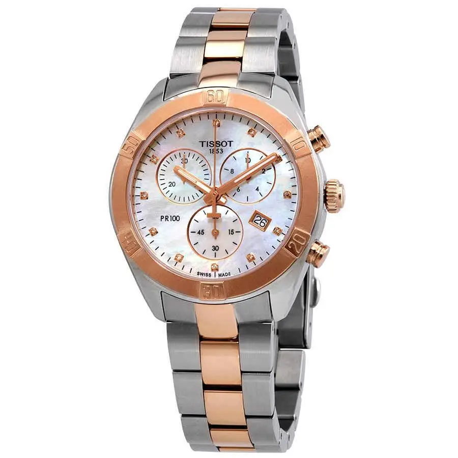 Tissot PR 100 Chronograph Quartz Diamond White Mop Dial Ladies Watch - Dial: White, Band: Gray, Bezel: Pink