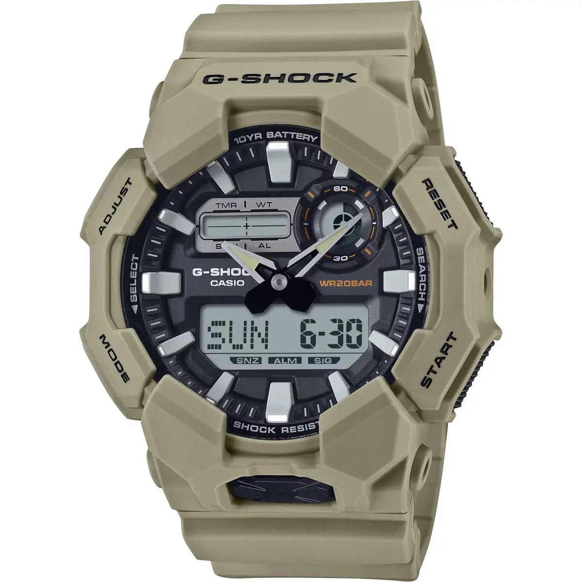 Casio Men`s Watch G-shock World Time Beige Resin Strap Analog-digital GA010-5A - Dial: Black, Grey, Band: Beige