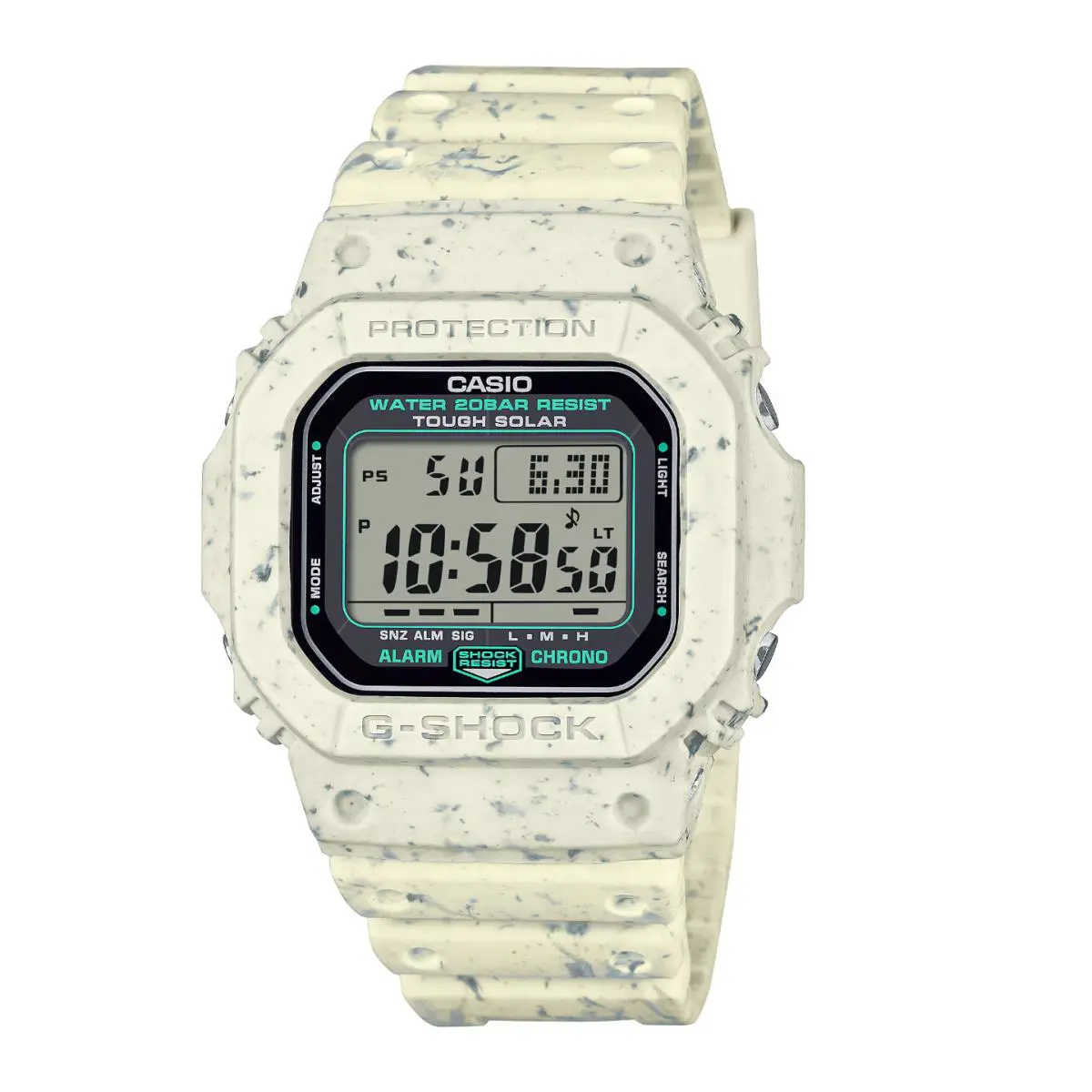 Casio G-shock 5600 Series G5600BG-5 Beige Rubber Band Solar Digital Men`s Watch - Dial: Gray, Band: Beige, White, Olive Green, Bezel: Beige