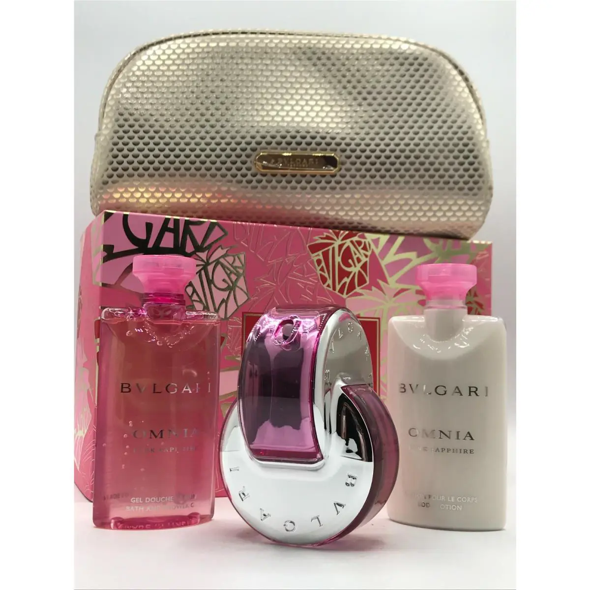Bvlgari Omnia Pink Sapphire 4pc Set Perfume Spray 2.2 oz Lotion Shower Gel Bag