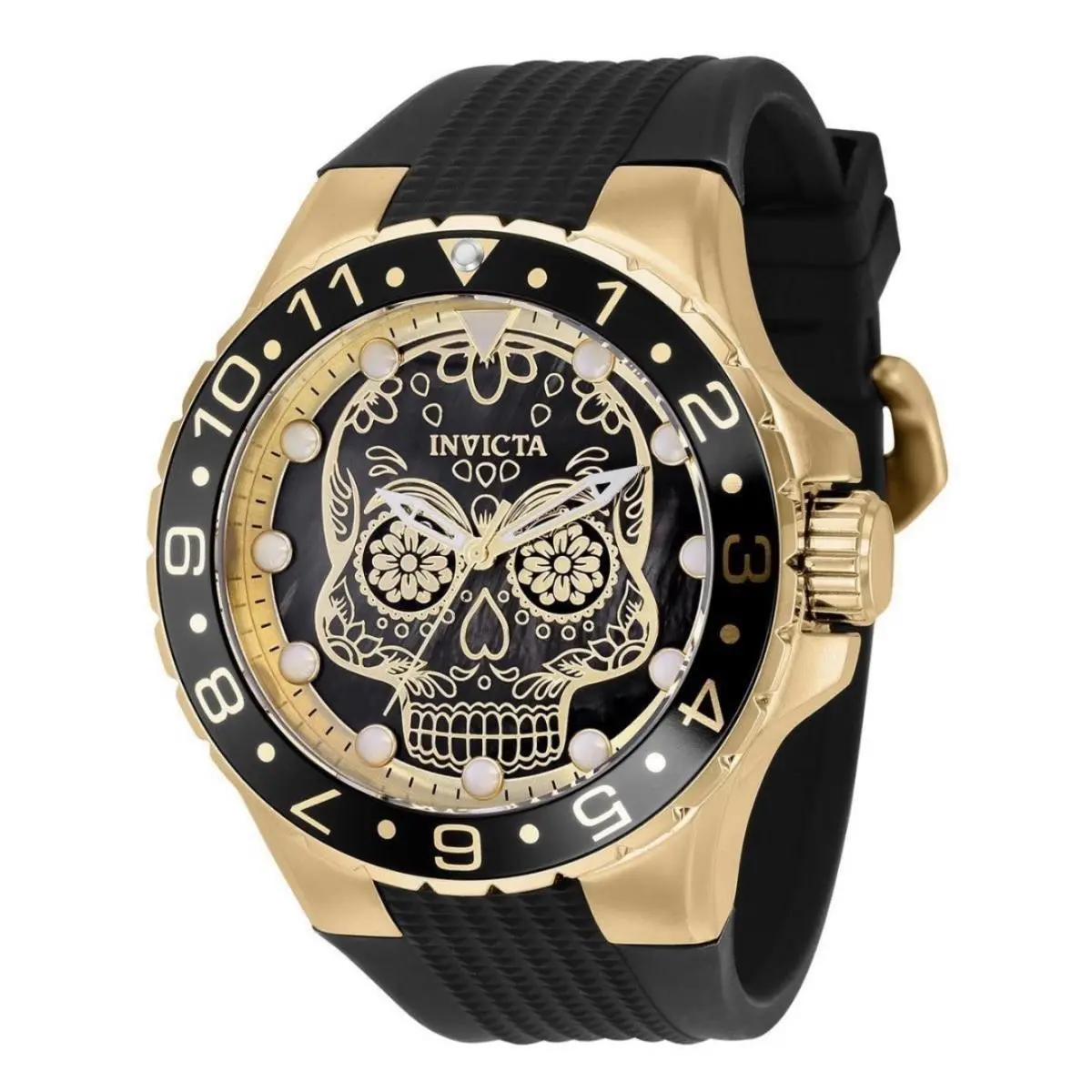 Invicta Aviator 36856 Dia De Los Muertos Skull Mop 50mm Gold Black Watch