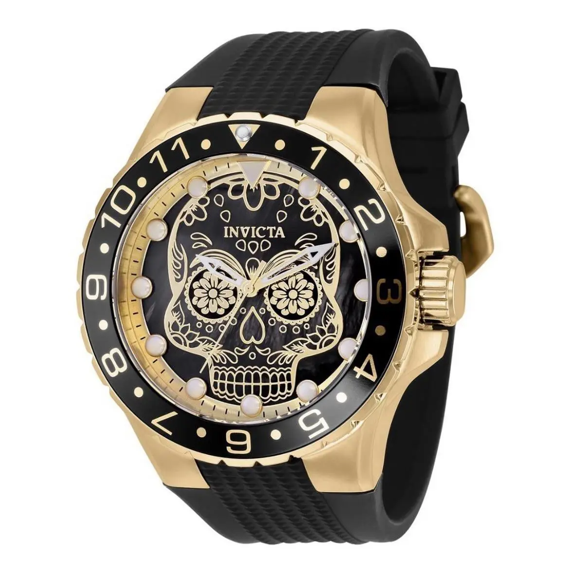 Invicta Aviator Dia De Los Muertos Mens Watch 50mm Mother of Pearl Dial 36856 - Dial: Black, Gold, Band: Black, Bezel: Black
