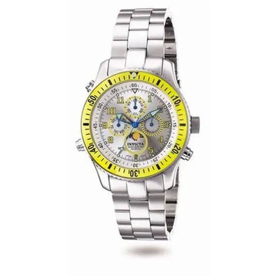 Invicta 4042 Men`s Aviator Multifunction Grand Silver Dial Stainless St Watch - Dial: Silver, Band: Silver, Bezel: Yellow