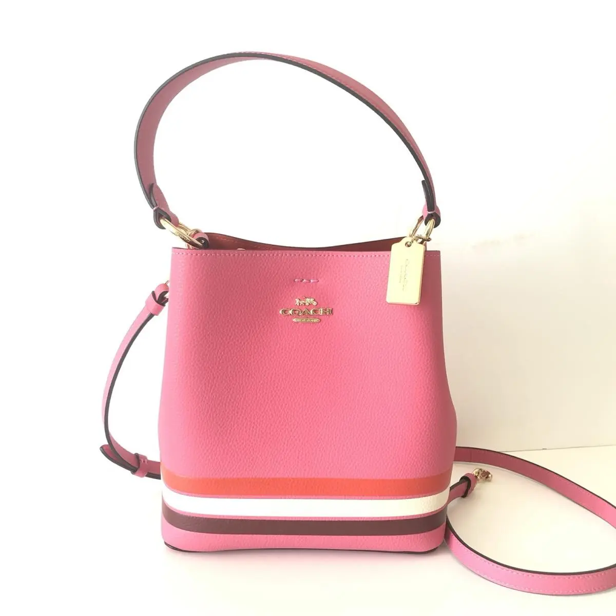 Coach Small Town Bucket Bag Colorblock Striped Pink Leather Purse