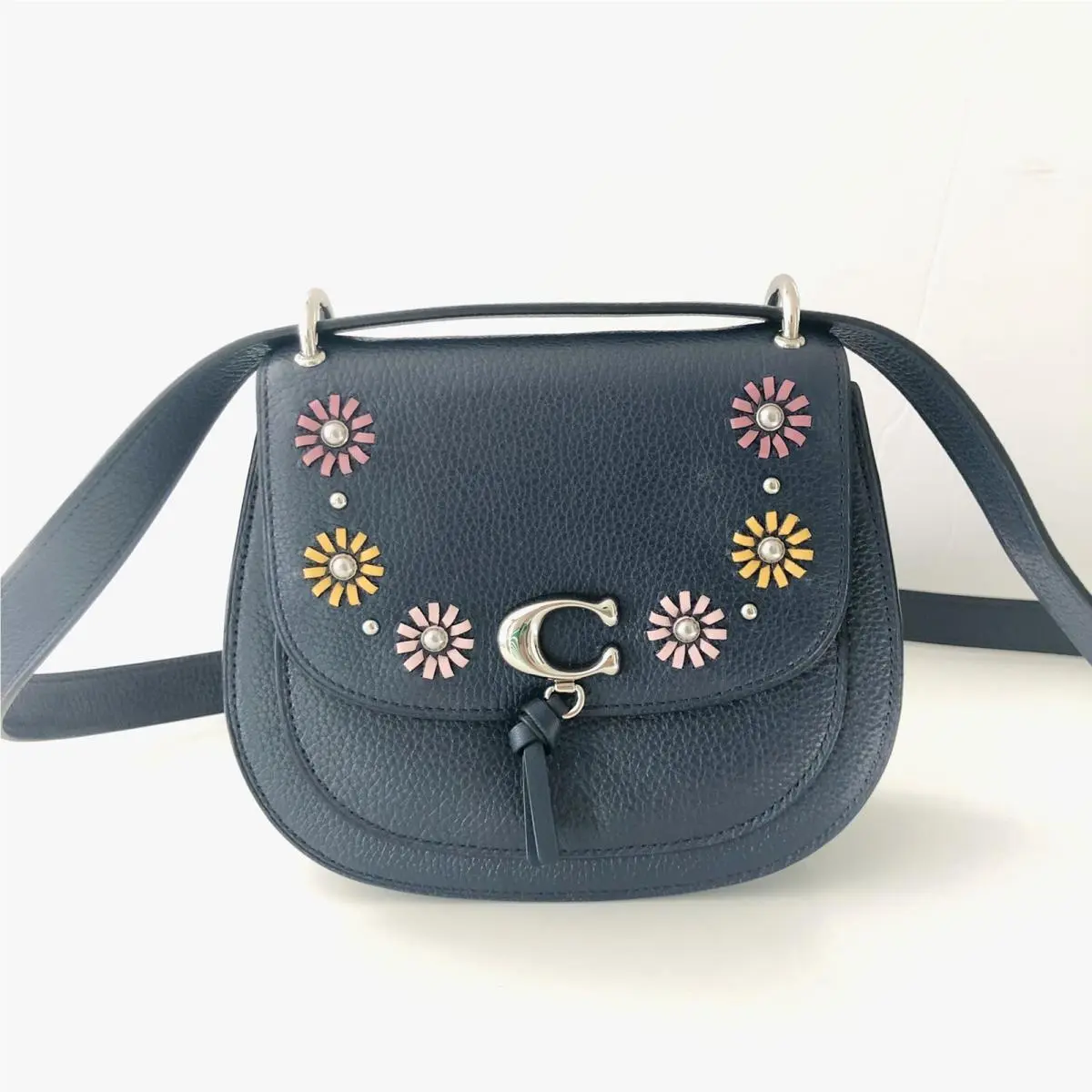 Coach Remi Saddle Bag Whipstitch Floral Daisy Applique Blue Leather Purse