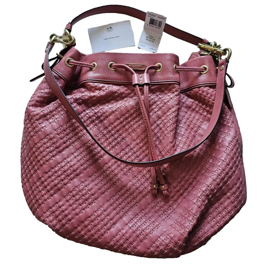 Coach Madison Woven Leather Marielle Drawstring Handbag Rose B4 F22862