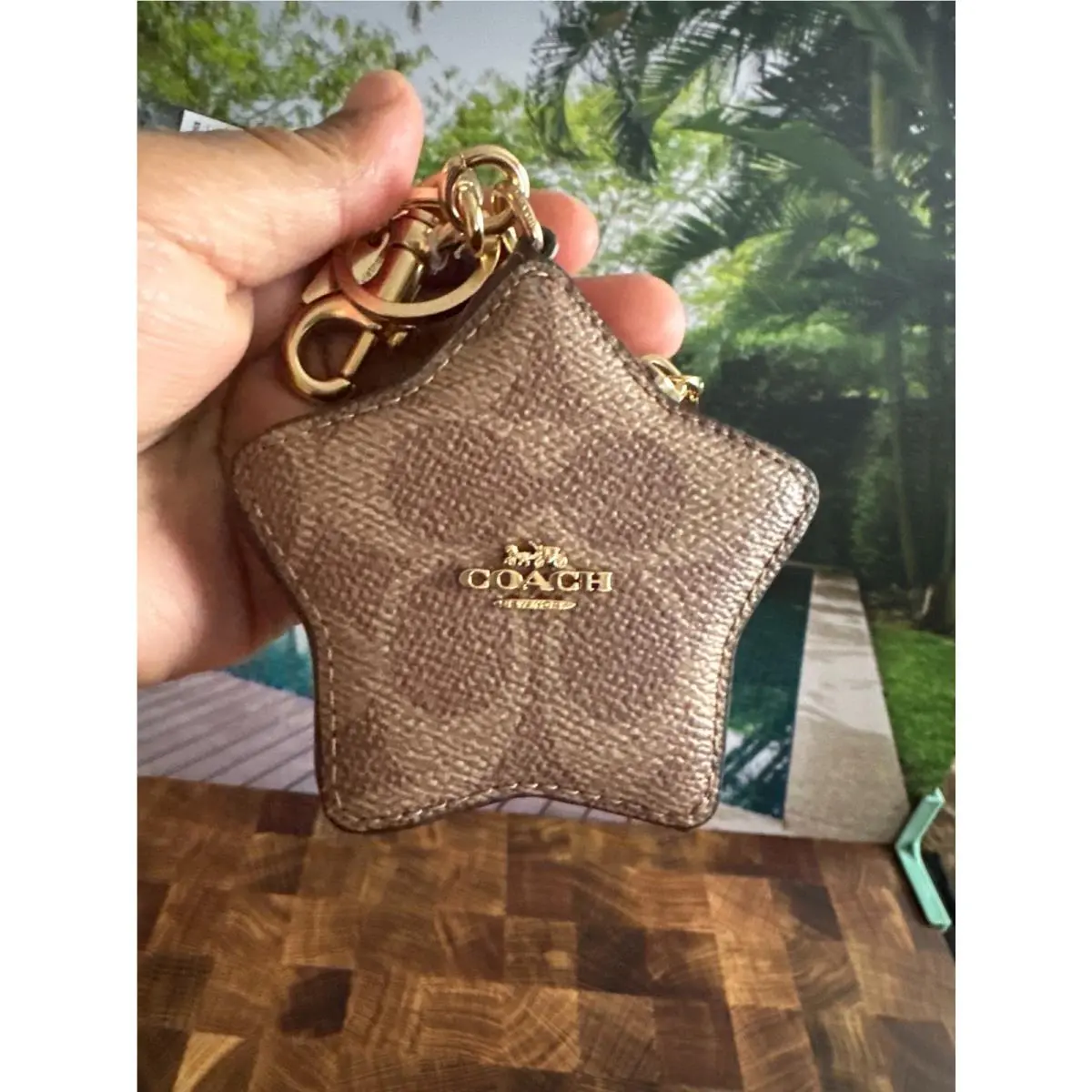 Coach Star Bag Charm Coin Case Pouch In Signature Canvas Khaki Gold CBL12