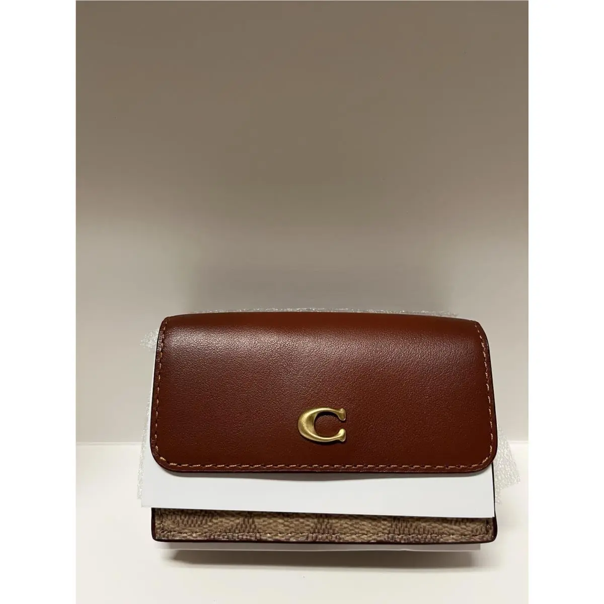 Coach Essential Mini Trifold Wallet Brass Tan Rust Signature Canvas CM438