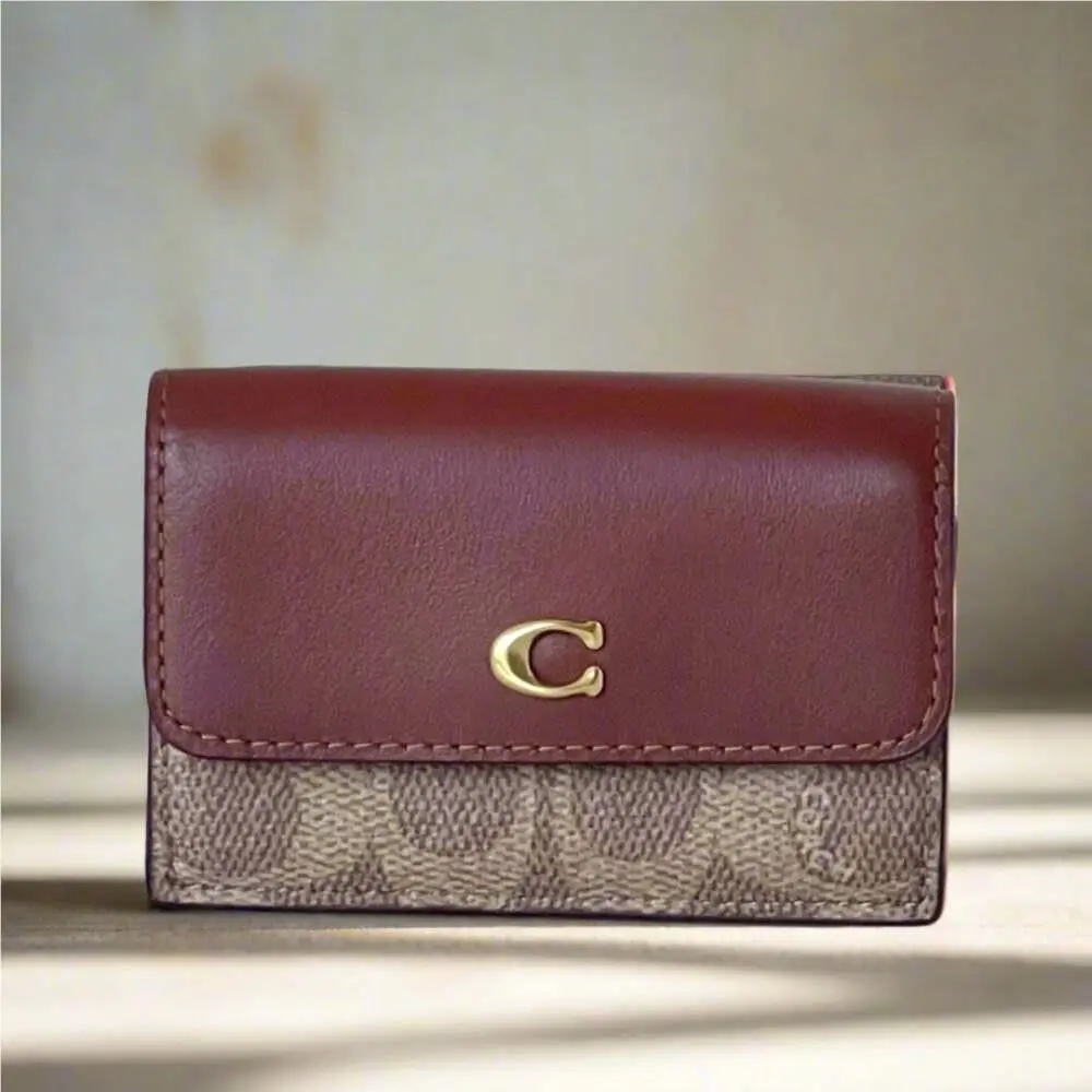 Coach Essential Mini Trifold Wallet Brown Signature Canvas CM438 Rust Orgpkg
