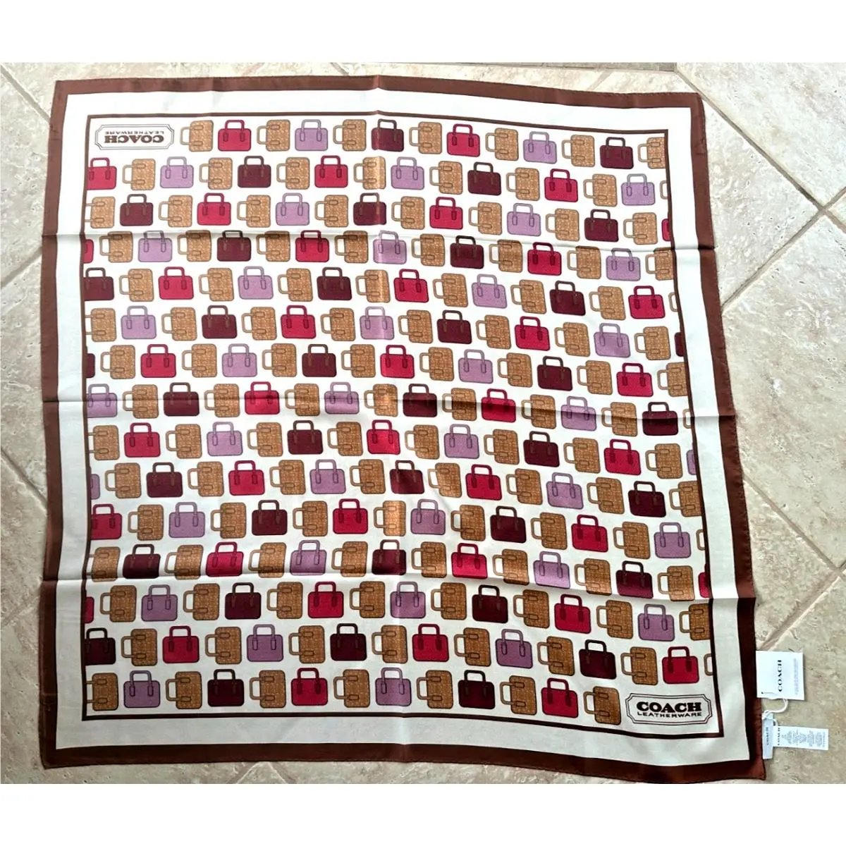 Coach Trompe L Oeil Leather Bag Print Silk Square Scarf Khaki/multi CX784
